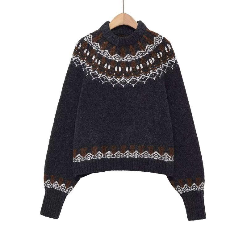 Womens Winter Loose Knit Sweater Charcoal Black Jacquard Casual Office Wear