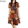 Women Summer Round Neck Short Sleeve Printing Loose Casual Dress