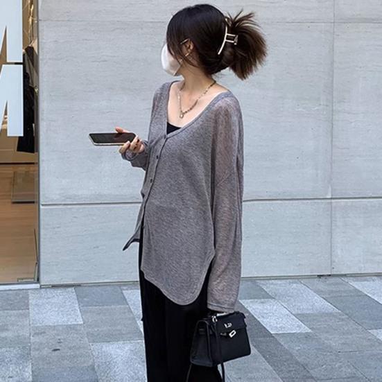 Spring Autumn Cardigan Coat V-neck Long Sleeve Single Breasted Coat Solid Color Loose Fit Thin Jacket Daily Wear