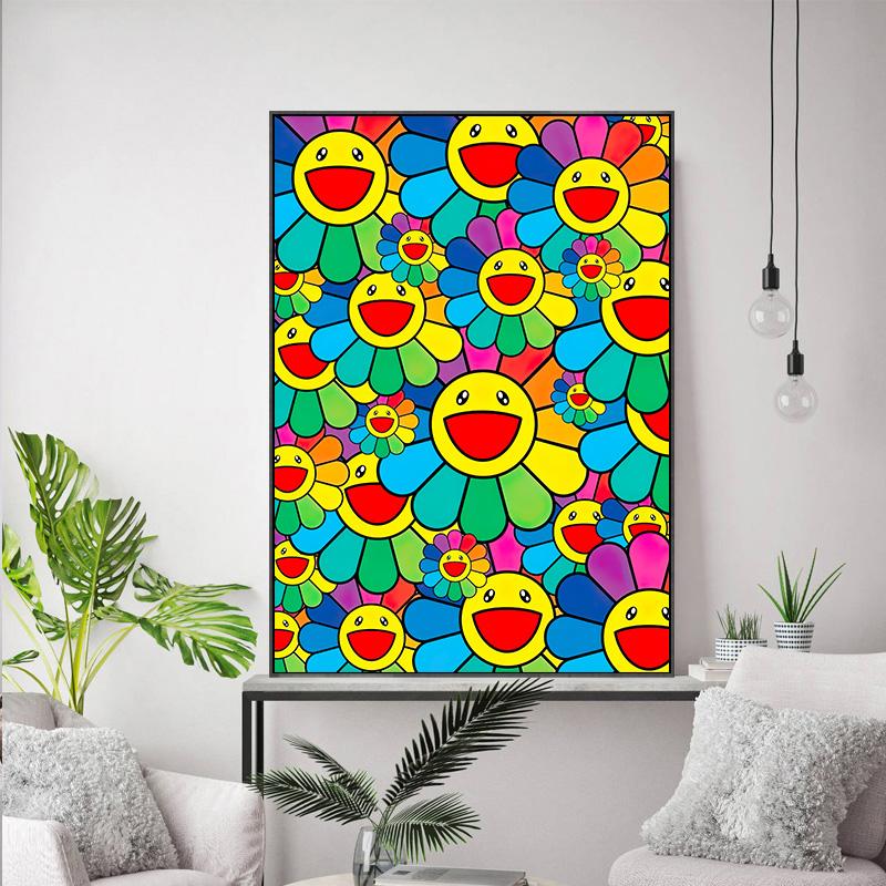 Abstract Colorful Smile Sunflowers Cartoon Posters Prints Canvas Painting Kawaii Pop Art For Kid Bedroom Home Decor Cuadros
