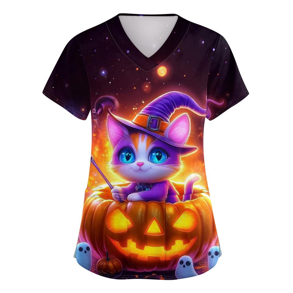 Женский топ защитного костюма с V-образным вырезом, с короткими рукавами, с принтом на Хэллоуин, с карманом и боковыми разрезами