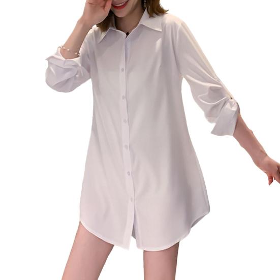 Женская рубашка с лацканами, длинный рукав, рубашка средней длины, однотонная, с пуговицами, планка, повседневная, стандартный крой, топы для повседневной носки