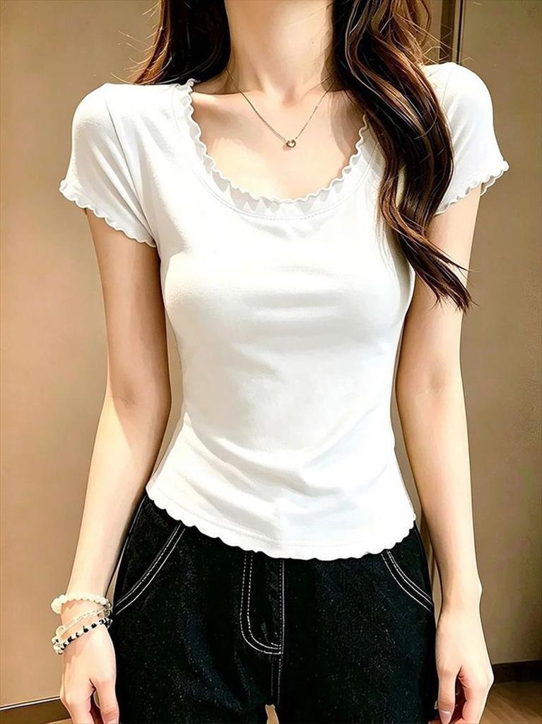 Summer small multi-color optional round neck short-sleeved fungus edge slim-fit bottoming shirt T-shirt women's foreign pullover