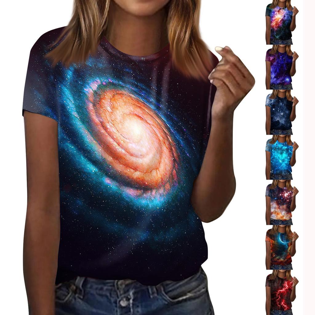 Женская модная повседневная футболка с коротким рукавом и круглым вырезом с принтом Galaxy