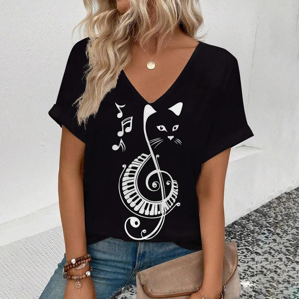 Женская ретро-футболка с рисунком аниме-кота, женская одежда для девочек, летняя футболка с коротким рукавом и V-образным вырезом, женская уличная одежда в стиле Харадзюку, свободная блузка