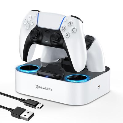Контроллер NEWDERY PS5 с быстрой зарядкой. Может заряжать 2 устройства. Просто поместите кабель для зарядки. Светодиодный индикатор. Белая подставка, зарядка.