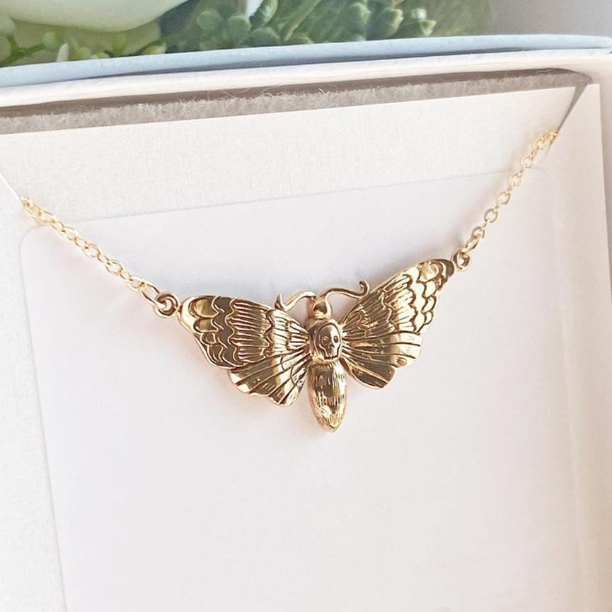 Gothic Death's-head Moth Necklace - Gold or Silver Alternative Pendant Jewelry for Men and Women