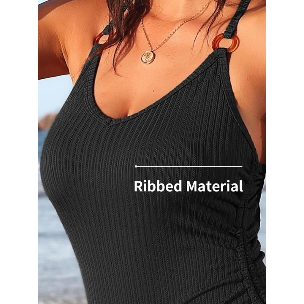 CHARMLEAKS Сплошные купальники в рубчик для женщин, регулируемые завязки по бокам, купальные костюмы с контролем живота, монокини с высоким вырезом и подкладкой