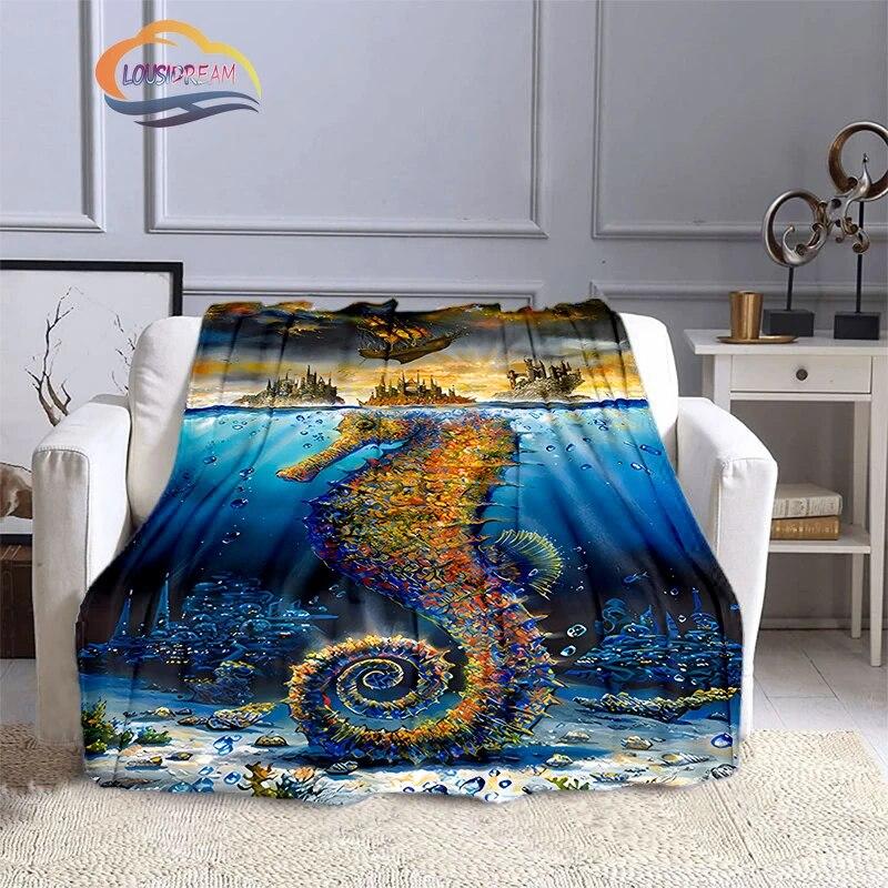 Marine Animal Sea Horse Blankets Super Soft Hippocampus Flannel Blanket Warm Lightweight Kids Bedding Sofa Chairs All Seasons