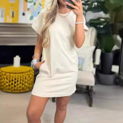 Женское платье-футболка с коротким рукавом, повседневное короткое платье с круглым вырезом и карманами, летнее мини-платье-футболка