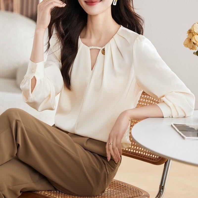Офисная женская элегантная женская рубашка, модная шифоновая женская блузка с длинным рукавом и v-образным вырезом, женские топы, нижняя женская одежда 29311