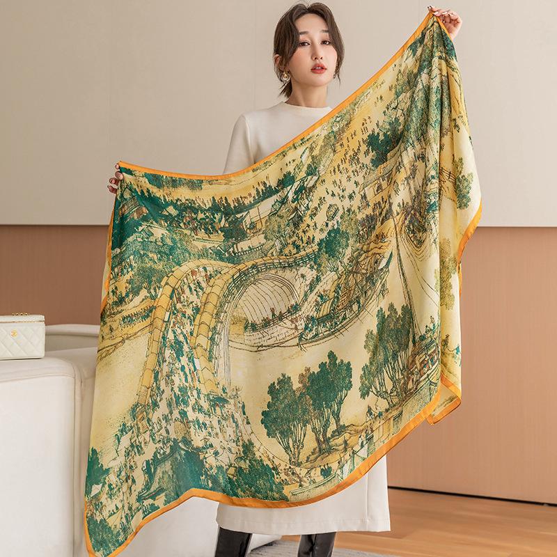 Весенне-летний тонкий атласный длинный платок в китайском стиле в стиле ретро Цинмин Шанхэ Ту Лицзин Элегантный женский солнцезащитный декоративный шелковый шарф
