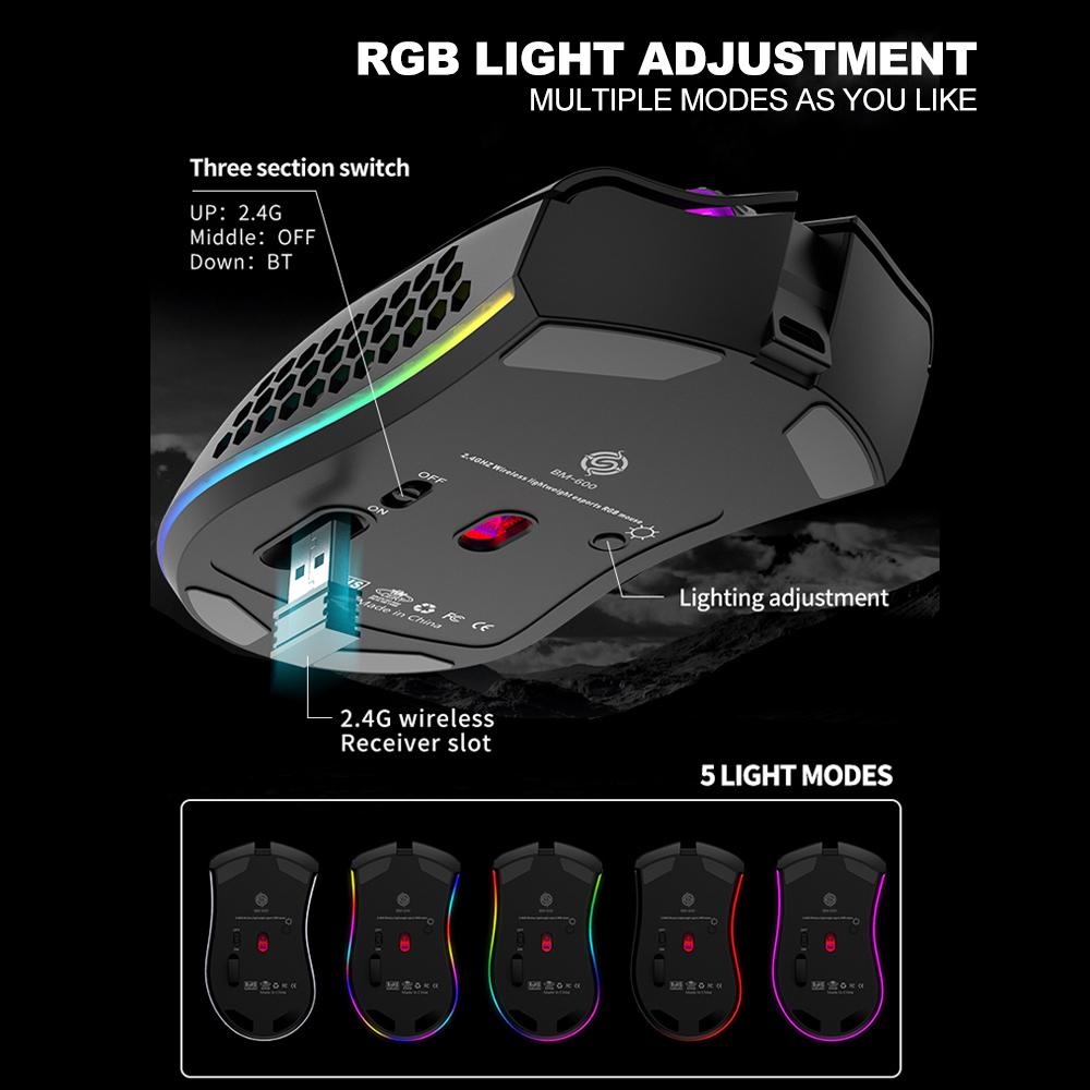 BM600 Wireless Rechargeable Mouse 2.4G+BT5.0 Dual-mode Lightweight Mouse RGB Breathing Light Effect