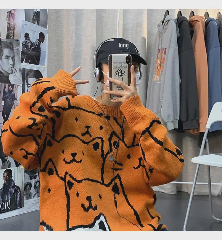 Мужской модный свитер в гонконгском стиле с рисунком - свободный крой, круглая горловина, осенне-зимняя трикотажная мода для студентов