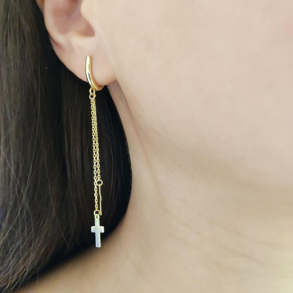 Золотые серьги длинные подвески кресты с цепочками 585 пробы желтое европейское золото без камней (209405003)