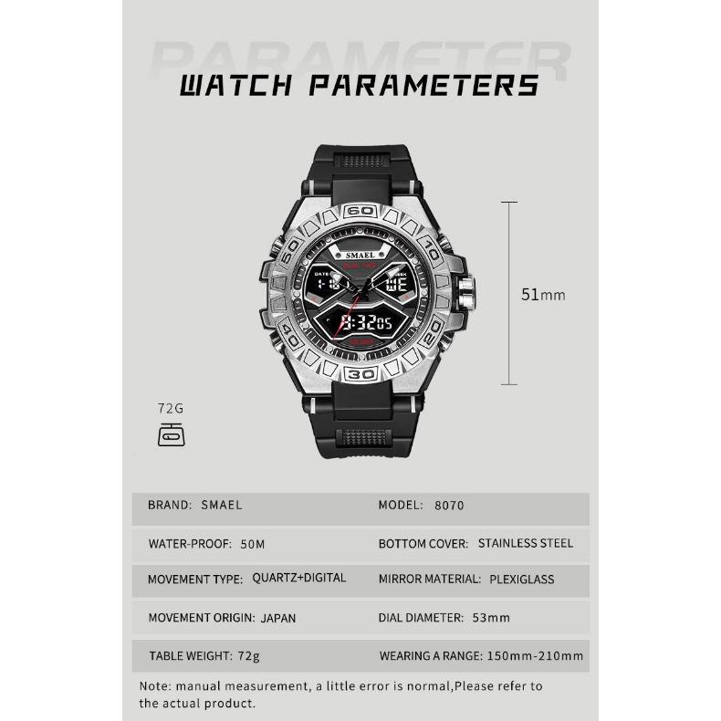 SMAEL Trend Индивидуальные функциональные часы Мужской студенческий сплав Двойной дисплей Водонепроницаемые светящиеся кварцевые часы