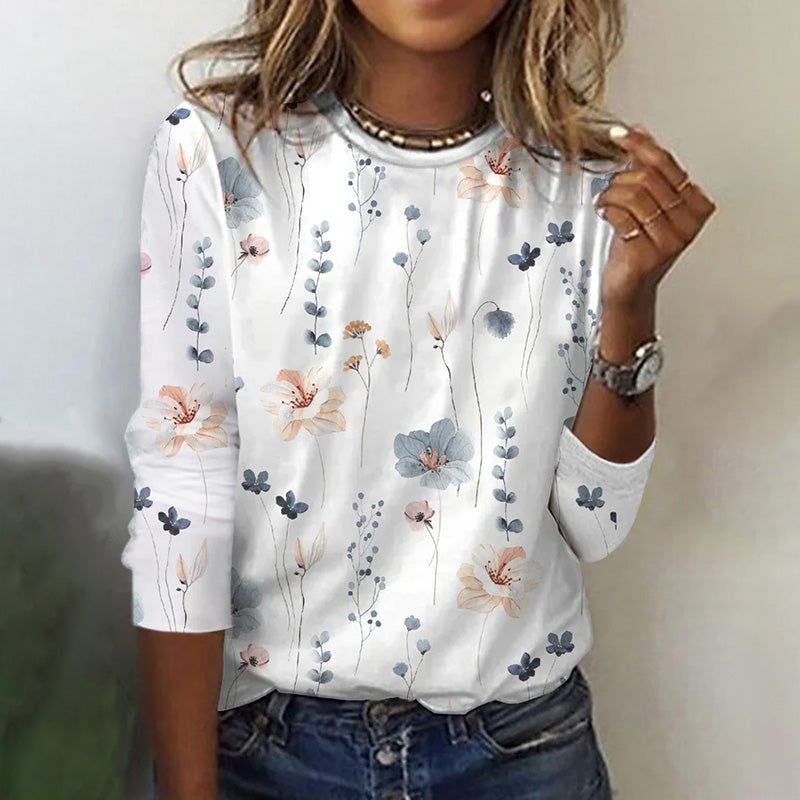 Autumn and Winter Women's Long Sleeve 3d Printed Floral Print T-Shirt Women Streetwear Round Neck Long Sleeve