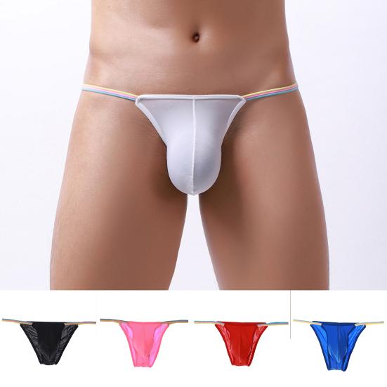 Men Thong Colorful Waistband Stretch Ice Silk Solid Color Sexy U Convex Briefs