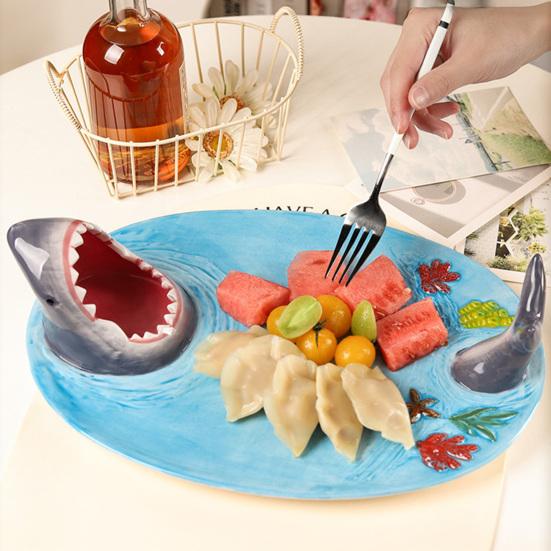 Shark Shape Dumpling Plate with Soy Sauce Dish Creative Handmade Shark Shape Platter for Sushi Cheese Board Party Tray Cute Home Dining Decor