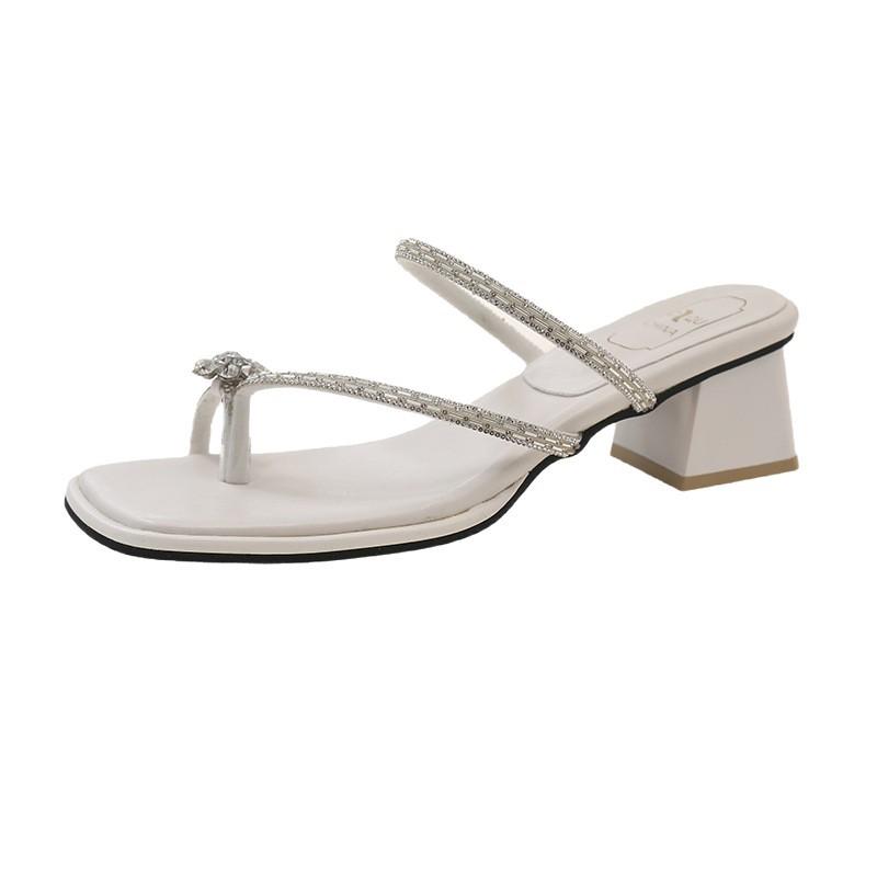 Summer new thick heel slippers women wear rhinestone cool slippers daily versatile toe sandals