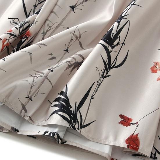 Chinese Style Women Maxi Skirt High Waist Vintage Skirt Elegant Flower Bird Print Hanfu Skirt Pleated Lace-up Horse Face Skirt