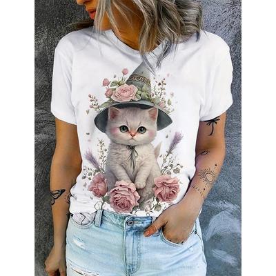 Забавные женские футболки с мультяшными животными, милые мультяшные персонажи, футболка с 3D-принтом, повседневная одежда с коротким рукавом и круглым вырезом для женщин