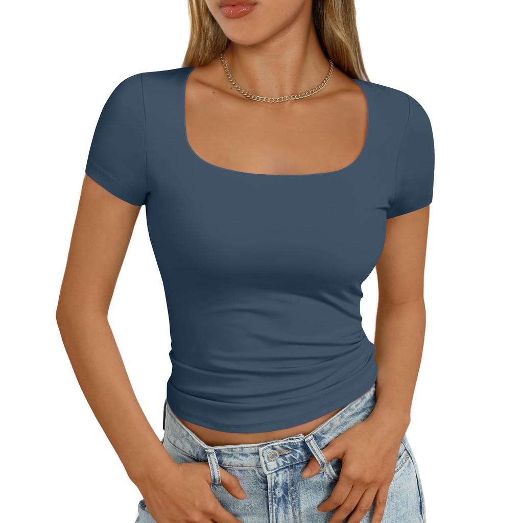 Женская мода повседневная узкая рубашка с коротким рукавом и квадратным вырезом, верхняя одежда, топы
