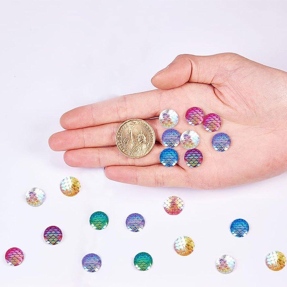 10/20/30pcs12mm Flat Back Mermaid Fish Scale Resin Cabochons Round Iridescent Sparkly Glitter Cabs for DIY Earring Bracelet Necklace Jewelry Making