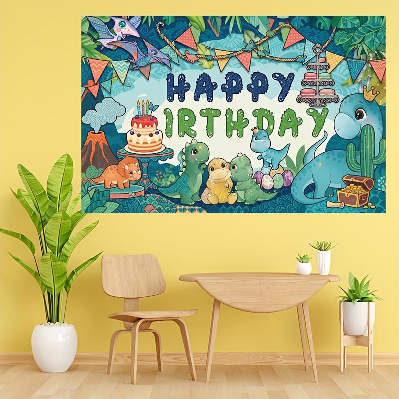 Whimsical Jungle-Themed Dinosaur and Cake Celebration with Colorful Bunting Flags, Happy Birthday Slogan, Ideal for Family Birthday