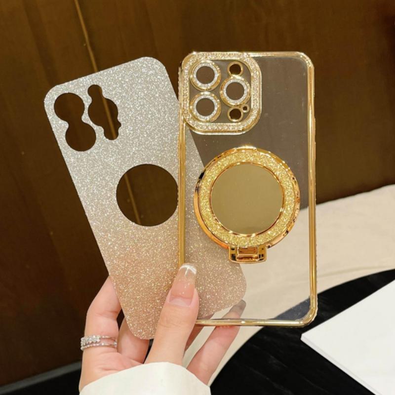 For iPhone 16 Pro Max Luxury Plating Flash Mirror Holder Stand Diamond Frame For iPhone 11 12 13 14 15Plus Lens Protective Cover
