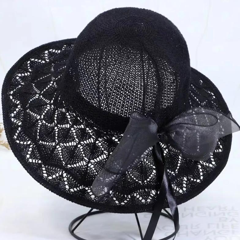 WTEMPO Elegant Mesh Bow Solid Color Sun Hats Women Spring Summer Wide Brim Outdoor Casual Beach Sunscreen Hats
