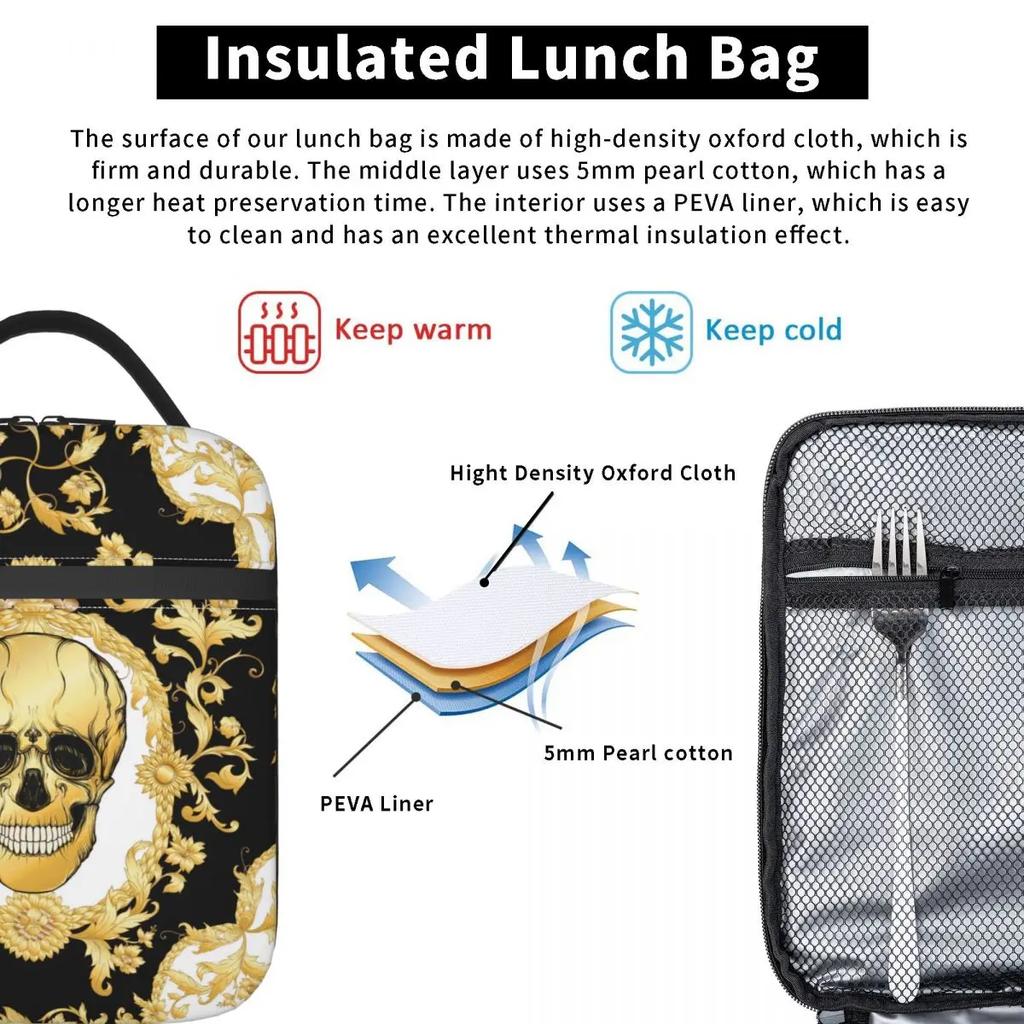 Роскошные европейские ланч-пакеты с черепом, барочным цветочным узором, термоизолированные, в стиле рококо, многоразовые, термосумка-холодильник, ланч-бокс, для детей в школу