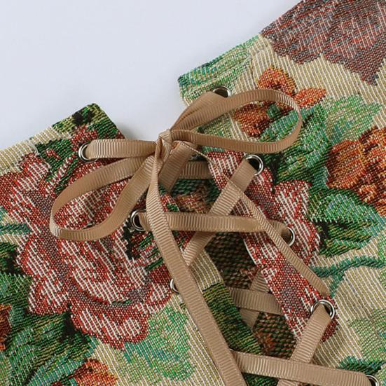 Женский клубный жилет на шнуровке с цветочным принтом без рукавов с вышивкой и квадратным вырезом Клубная одежда с низким вырезом Винтажный женский укороченный топ женская одежда