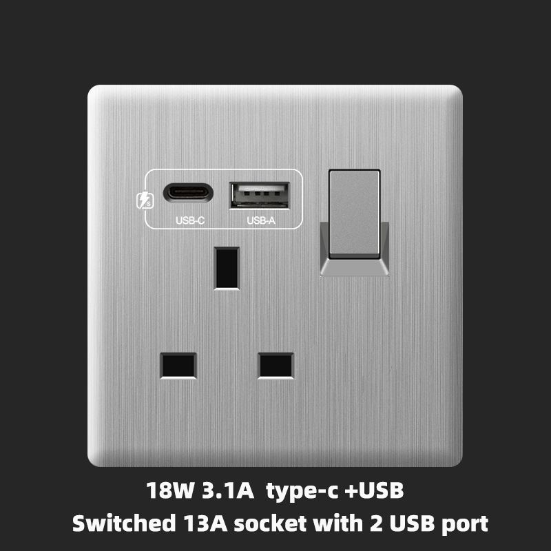 UK 13A with USB Type-c 18W Fast Charging Wall Power Socket plug,Universal Wall Light Household Switch Dual USB Electrical Outlet