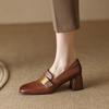 French Leather Single Shoes Women'S Versatile Square Head High Heels Women'S Thick Heel Retro British Casual Small Leather Shoes