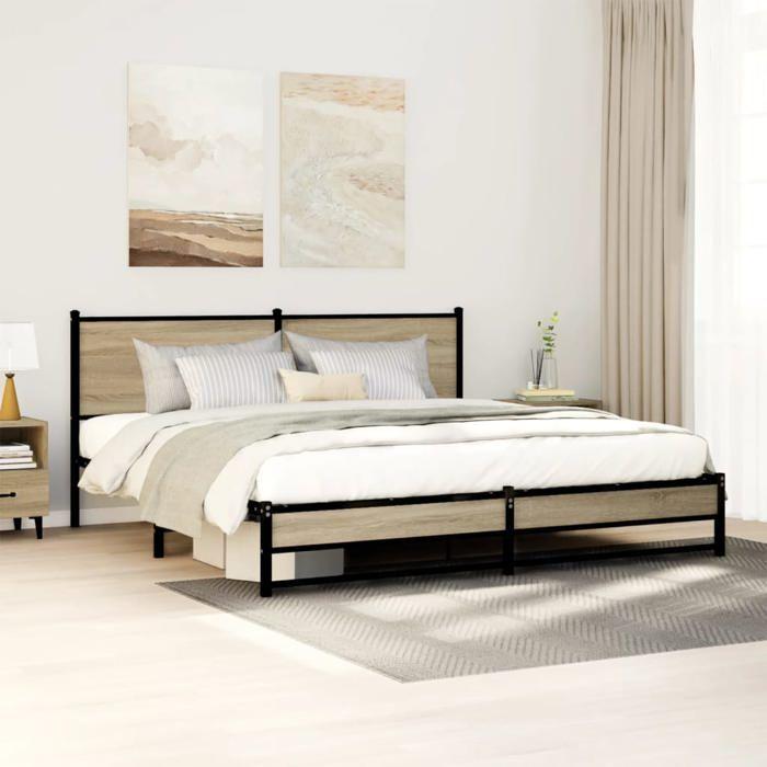 VidaXL Metal Bed Frames with Sonoma Oak Headboard 180x200 Cm, Double Bed, Bedroom Furniture, Bed 3301391