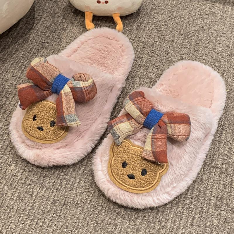 Шикарные детские тапочки для девочек с милым медвежонком и бантом, детская зимняя обувь, мягкая подошва, пушистая, модные, милые, хлопковые тапочки для малышей