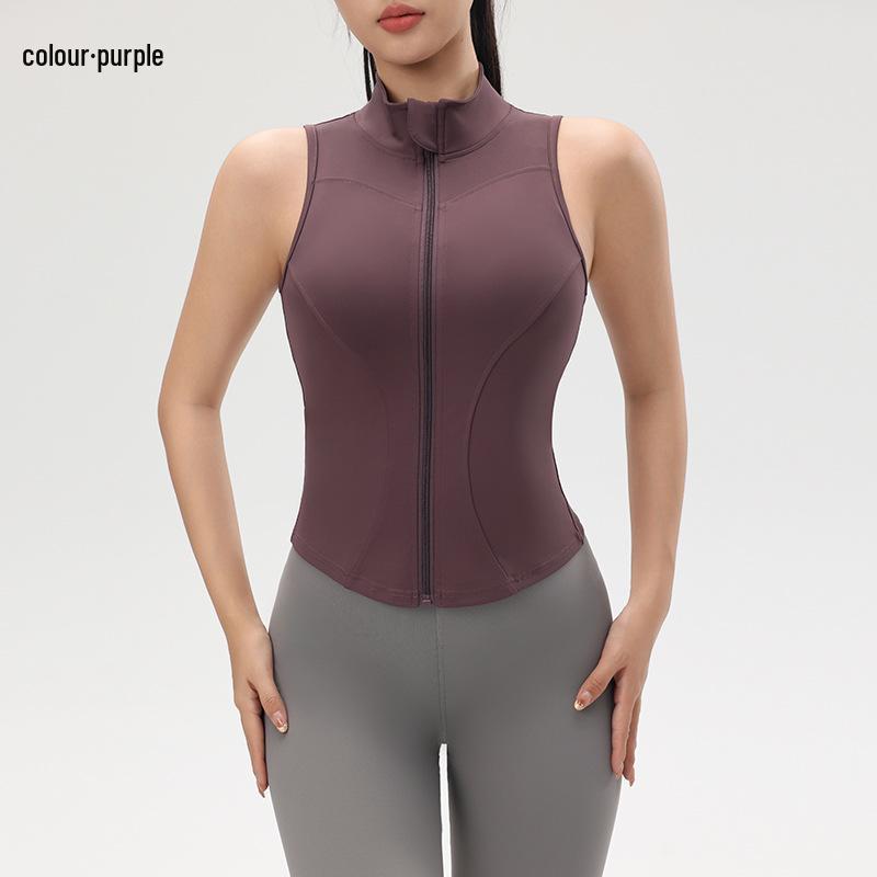 Топ для йоги телесного цвета на молнии, амортизирующий, для женщин - Приталенный, без рукавов, со стойкой воротником, для летних видов спорта на открытом воздухе.