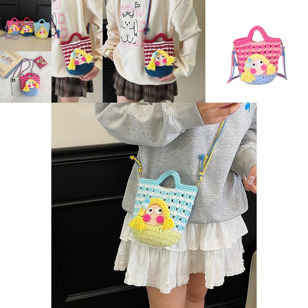 Cartoon Knitted Crossbody Bag With Shy Girl Design For Women Soft Lightweight Decorative Phone Pouch