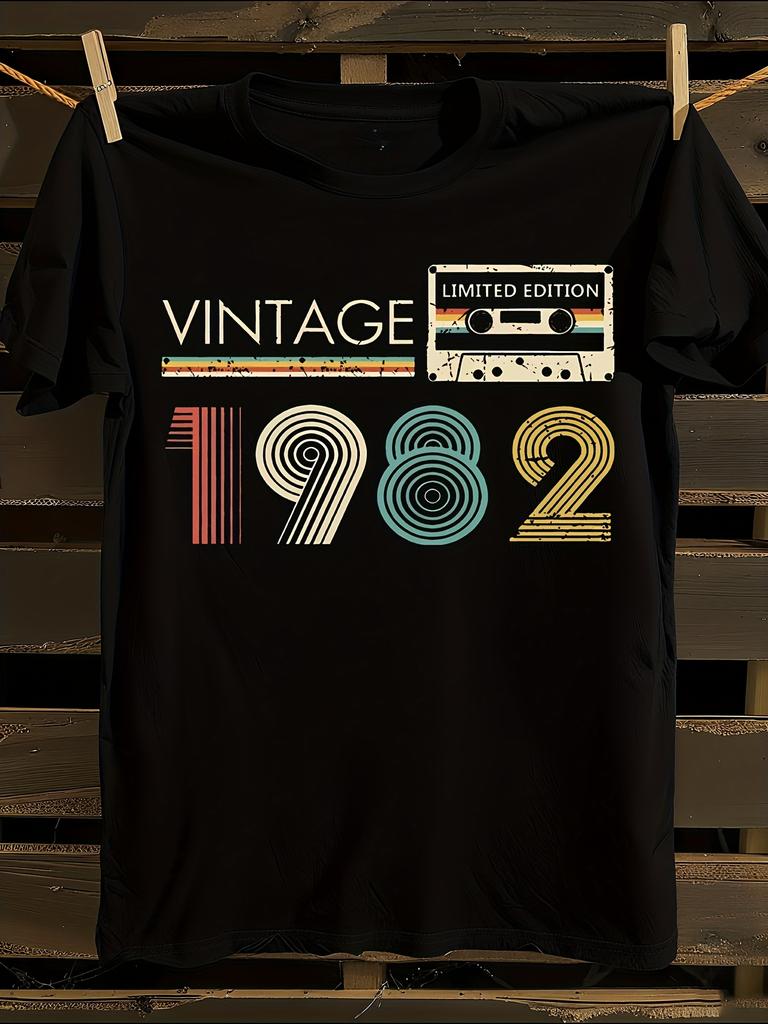 Vintage 1982 Cassette Tape Graphic T-Shirt Mens Tshirt Womens Tshirts with Letters Print Short Sleeves T-Shirt Casual Street Tee Shirt Top