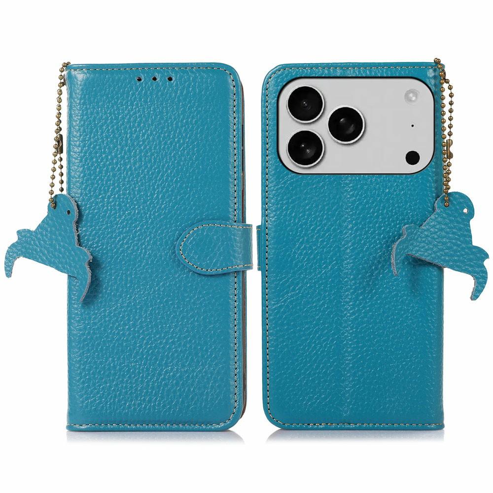 For iPhone 17 Pro Case RFID Blocking Genuine Cow Leather Phone Cover Litchi Texture