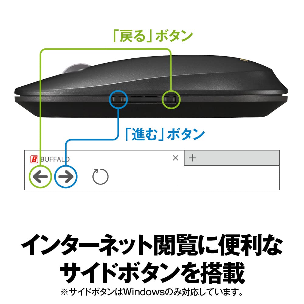 В комплект входит беспроводной приемник для мыши Buffalo Wireless Mobile Mouse Receiver FLEXUS, тонкий и легкий, 5 кнопок с беспроводным бесшумным синим светодиодом, совместимым со стандартом MIL, переключением DPI