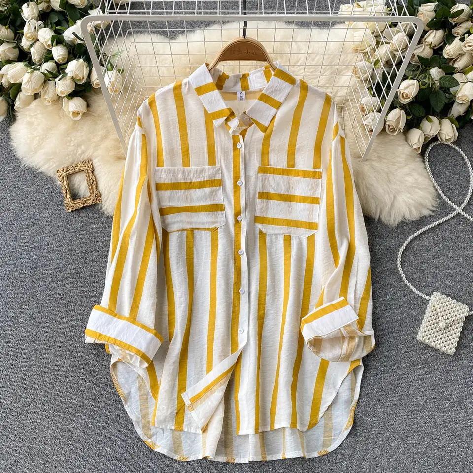 Women's Spring Fall Plus Size Blouse Casual Striped Tops Lady Button Up Lapel Long Sleeve Pocket Loose Shirt