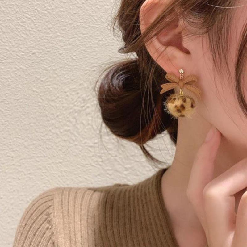 Chic Leopard Print Bow Earrings with Long Fur Ball – Trendy, High-Grade, Multi-Color Design for Women