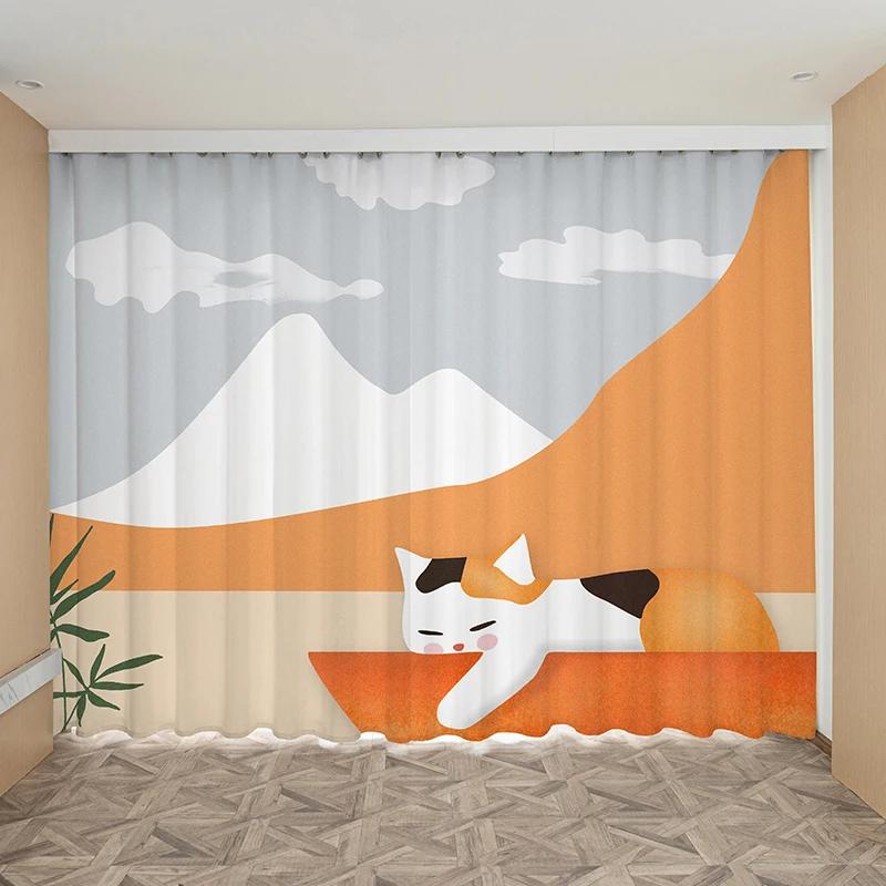 Nordic Ins Style Orange Cat High Shading Curtain Girls Bedroom Living Room Kitchen Simple Shading Thick Curtains Blackout Drap