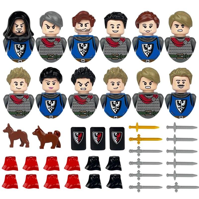 Детские игрушки, средневековый военный солдат, строительный блок, замок, рыцарский корпус, оружие на поле боя, боевой конь, мультяшные фигурки, кирпичи