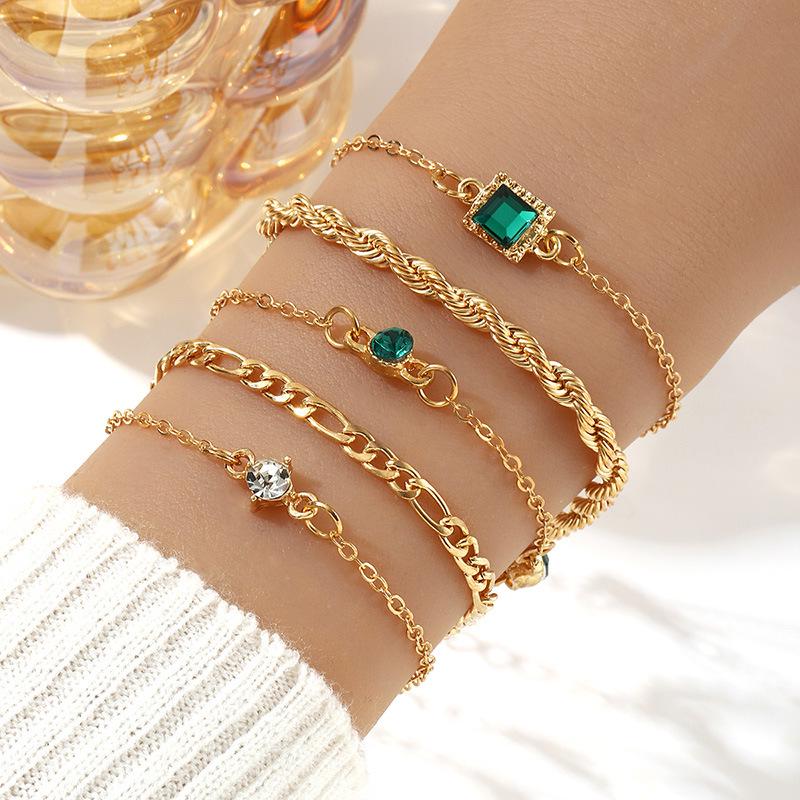 Retro Green European & American Bracelet Set: Square Diamond, Butterfly & Love Designs (5 Pieces)