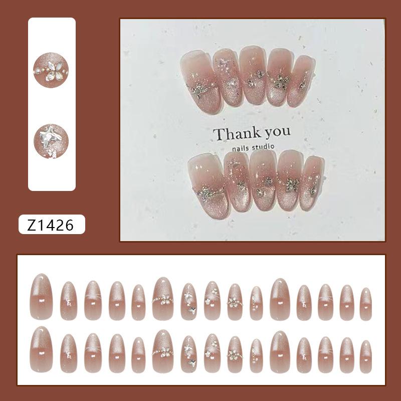 Shiny Lotus Pink Cat Eye Glitter False Nails Medium Almond For Ladies 30pcs Strip & Box Press On Nails