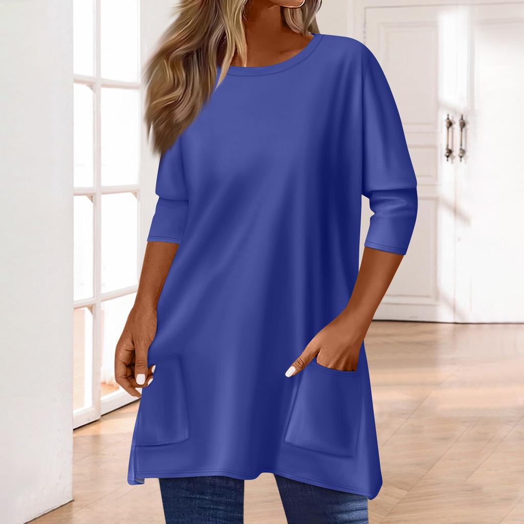 3/4 Sleeve Pocket Tops For Women T-Shirt Casual Print Mid-length Tops T Shirt Round Neck Pullover Blouse