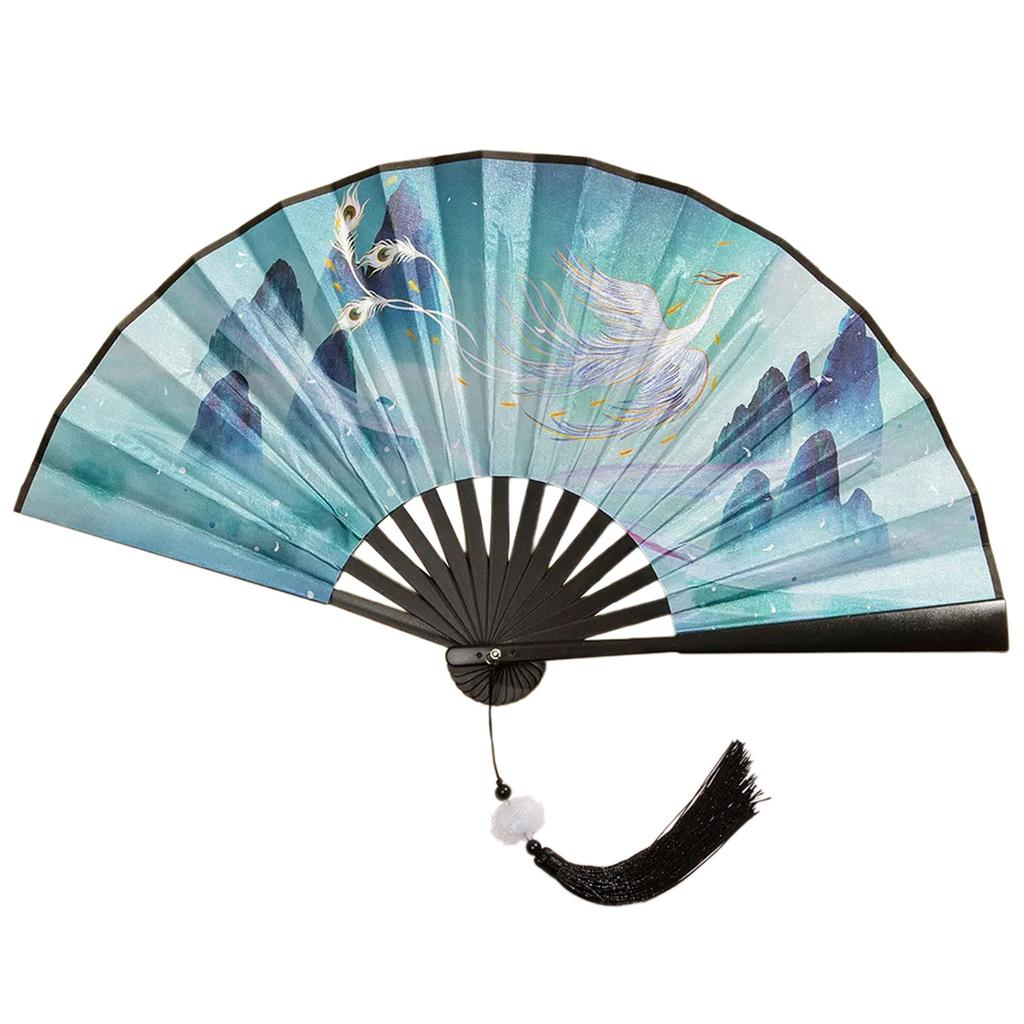 Китайский двухсторонний складной веер с росписью, винтажный ручной веер с кисточками, пластиковый складной веер для вечеринок